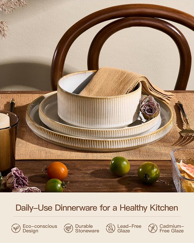 24-Piece Dinnerware Set for 8, Famiware Premium Stoneware Dish Set with Ribbed Plates and Deep Bowls, Double Reactive Glaze, Chip & Scratch Resistant, Microwave & Dishwasher Safe, Cappuccino White