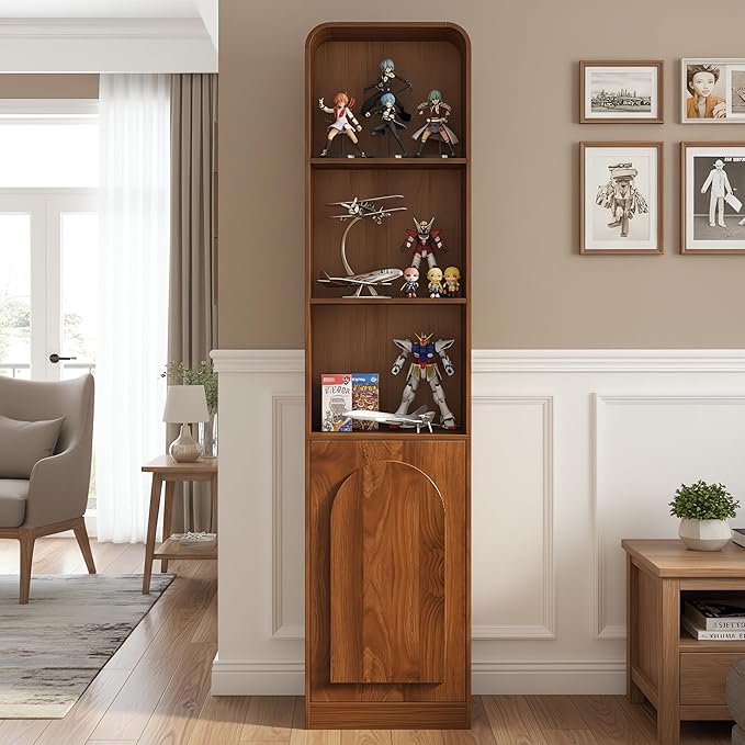 Tall Narrow Storage Cabinet with Arched Door, Slim Bathroom Cabinet with 5 Tier Shelves, Wood Mid Century Modern Display Cabinet for Living Room, Kitchen, Walnut, Adjustable Shelf, Wooden, Thin