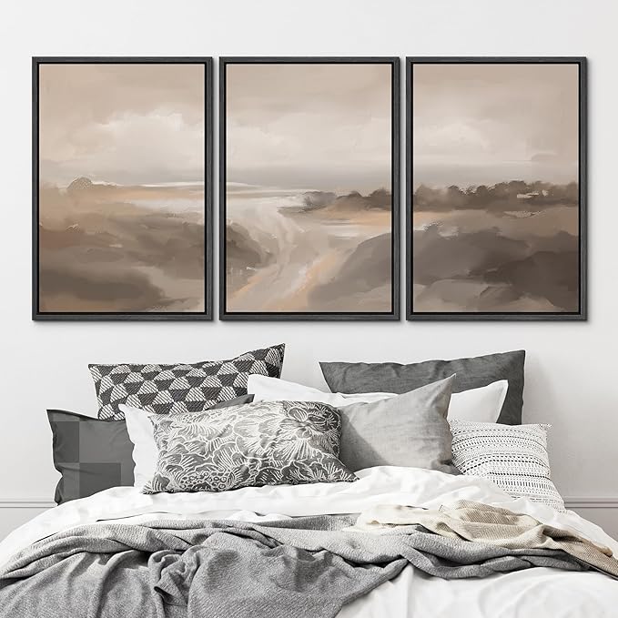 MUDECOR Framed Canvas Print Wall Art Serene Landscape Neutral Coastal Illustrations Realism Decorative for Living Room, Bedroom, Office - 24"x36"x3 Black