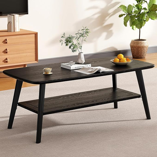 Coffee Table Small Solid Wood Center Table Mid Century Vintage Living Room Coffee Table, Black 47.24 Inch