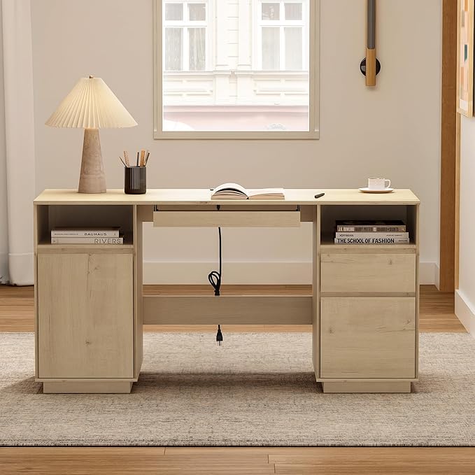 EYYTHUNG 59" Farmhouse Office Desk, Wide Home Executive Desk with File Drawer & Open Storage & Power Outlet, Wooden Computer Desk for Study Writing, Light Oak