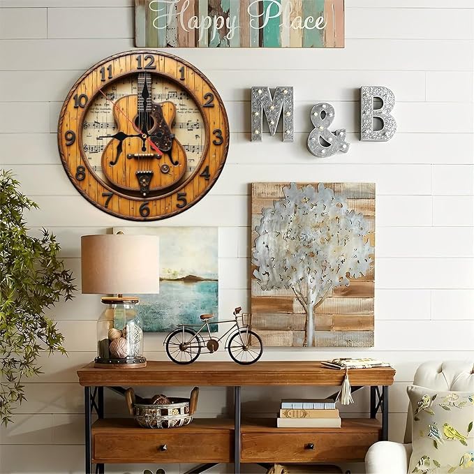 Tan Black Acoustic Guitar Round Wall Clock - 10 Inch Non-Ticking Timepiece for Study Play Room Kitchen Decor