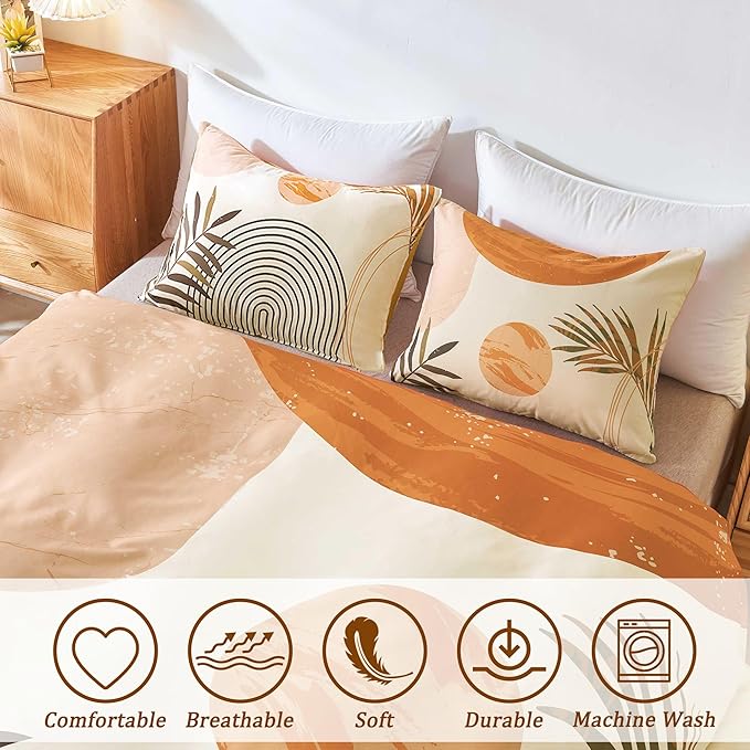 Hilioens Duvet Cover Queen Abstract Arch Sun Beige Modern Mid Century Boho Bedding Sets for All Seasons, 3 Pieces Home Bedroom Decorations Soft Microfiber