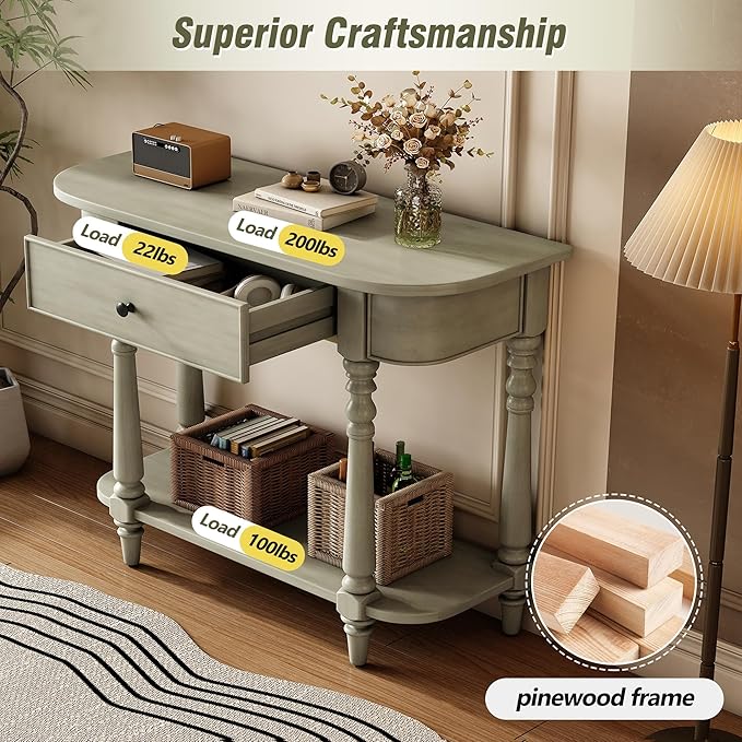 Retro Curved Console Table, 36" Solid Wood Half Moon Console Table Sofa Table Entryway Table with 1 Drawer 1 Open Shelf Roman Legs Curved Corners for Living Room,Entryway,Hallway,Gray