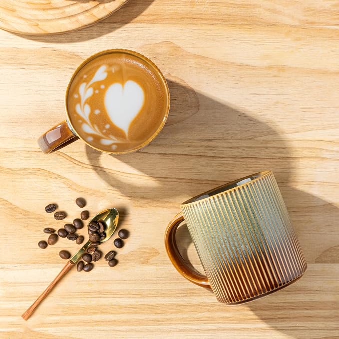theterra Ceramic Coffee Mugs Set of 6, 14.2oz Handmade Coffee Cups with Handle for Latte, Tea, Milk, Beer, Hot Cocoa, Sage Umber