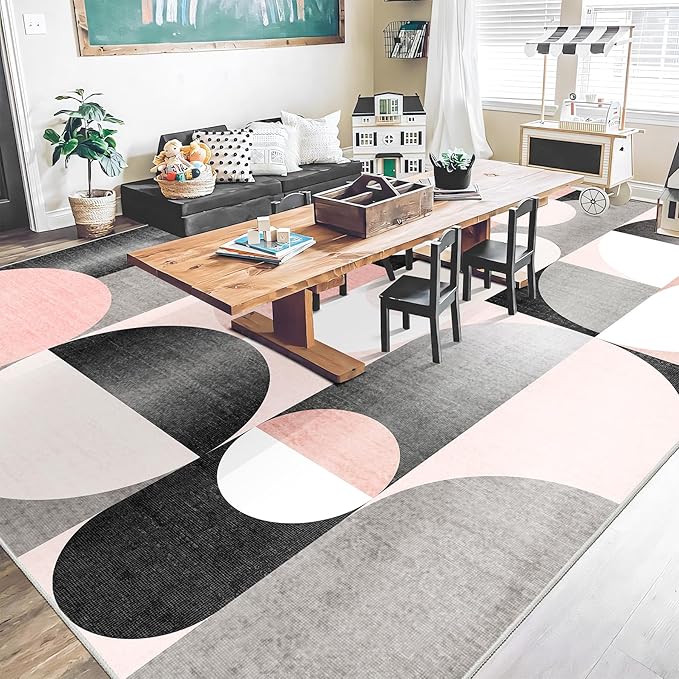 Large Pink Floral Area Rugs 9x12 Washable Rug for Living Room Bedroom Dining Room,Modern Non Slip Carpet,Blush Grey Black