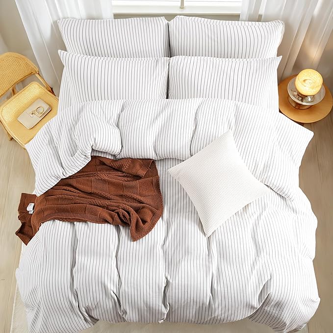 NEXHOME PRO Striped Duvet Cover Full Size,100% Washed Cotton Bedding Set,Textured Linen Feel,Breathable,Organic,3 Piece(Grey Stripes 80x90)