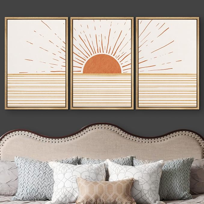 wall26 Framed Canvas Print Wall Art Set Mid-Century Ocean Sunset Sun Horizon Nature Abstract Illustrations Modern Art Bohemian Decorative for Living Room, Bedroom, Office - 16"x24"x3 Natural