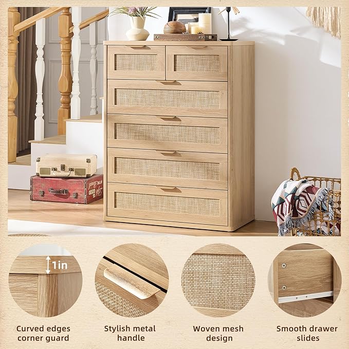 LEYAOYAO Rattan Dresser for Bedroom Set of 2, 41" Tall Chest of Drawers, Modern 6 Drawers Boho Dressers with Storage, Light Oak Dresser Wooden Closet Organizer for Living Room, Hallway, Natural Wood