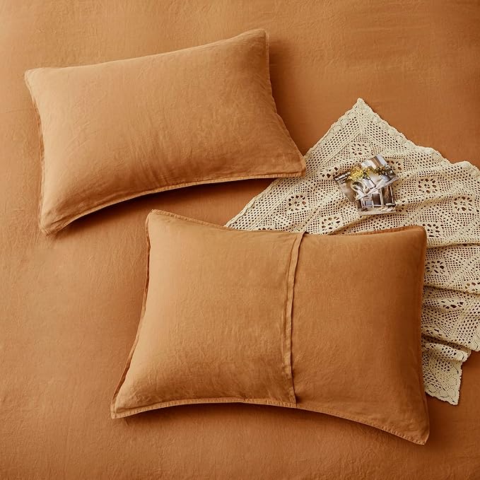 ATLINIA 100% Flax Linen Duvet Cover Set - Stone Washed Pure French Linen Organic Fabric for Farmhouse Comforter Boho Bedding Included 1 Duvet Cover 2 Pillow Shams(Rust, California King)
