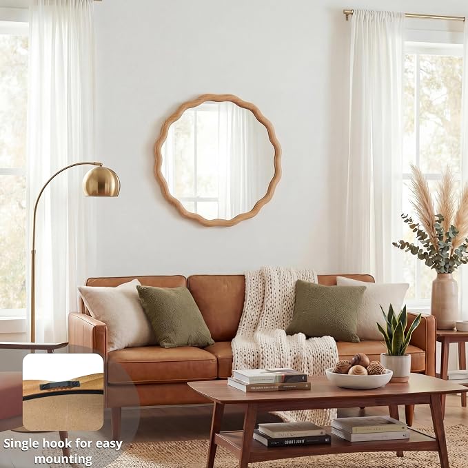 PERFNIQUE Scalloped Round Mirror 24", Wood Framed Nursery Wall Mirror with Tempered Glass, Decorative Wavy Edge Circle Mirror for Bedroom, Entryway or Living Room