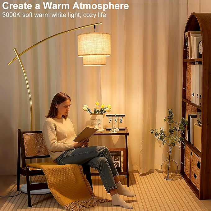 Lightdot Arc Floor Lamp for Living Room, Modern Standing Tall Lamps with Double Linen Shade, Tall Hanging Pole Lamp with Stable Base & Bulb Included for Bedroom/Sofa Beside/Corner Decor-Gold