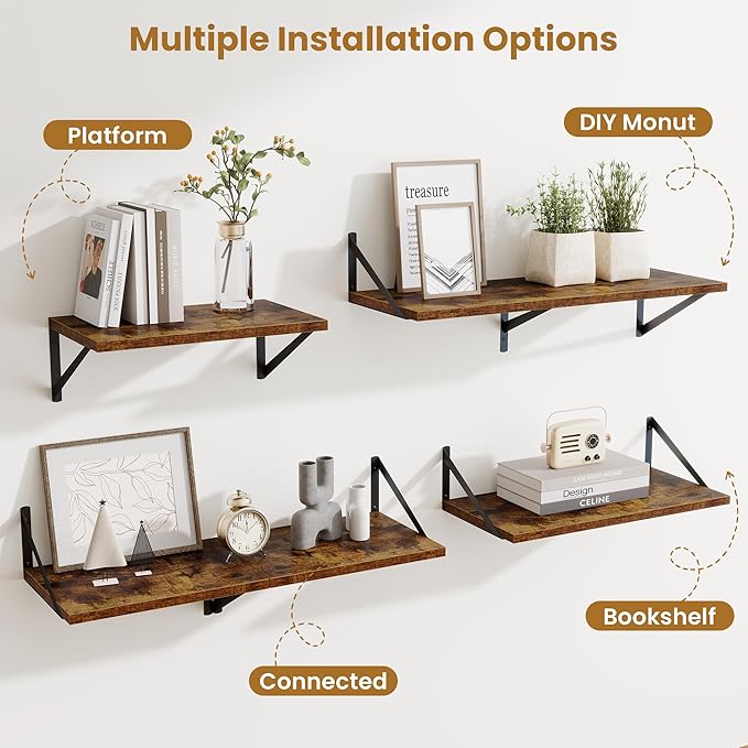 Deep Floating Shelves for Wall,36" Wx10 D Wood Wall Shelves with Metal Brackets,Hanging Storage Floating Shelf for Living Room,Bedroom,Bathroom,Office,Kitchen,Rustic Brown