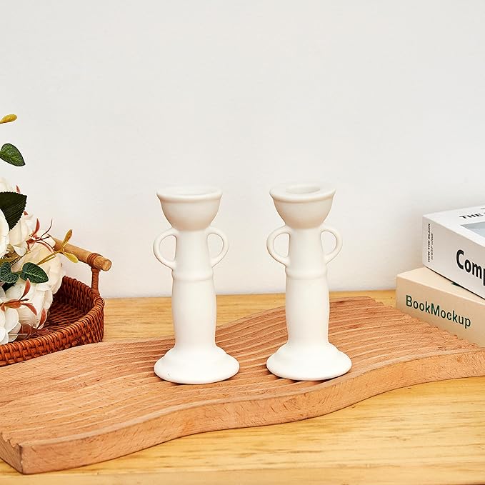 Denique Ceramic Candle Holders Set of 2, Creative Modern Minimalist Candlestick Holder Set, Table Centerpiece Taper Candle Holders, Candlelight Dinner Creative Decoration Ornaments (White)