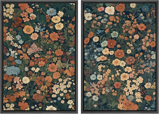 MUDECOR Framed Canvas Print Wall Art Vintage Floral Botanical Colorful Wildflowers Illustrations Modern Art Decorative Bohemian Colorful for Living Room, Bedroom, Office - 24"x36"x2 Black