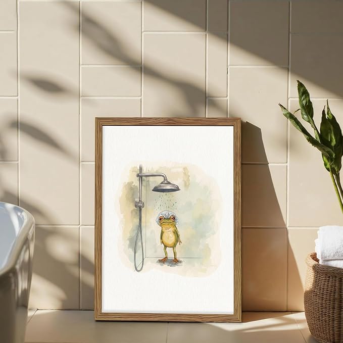 Framed Funny Frog Canvas Wall Art, Cute Frog Showering in Bathroom Canvas Prints, Whimsical Watercolor Cartoon Painting, Modern Minimalist Wall Decor for Bathroom Toilet Washroom 16x24in