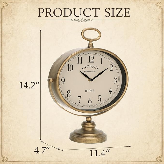NIKKY HOME Antique Table Clock, Gold Retro Desk Clock with Silent-Non-Ticking Battery Operated Rustic Desk Clock for Living Room, Tabletop, Countertop