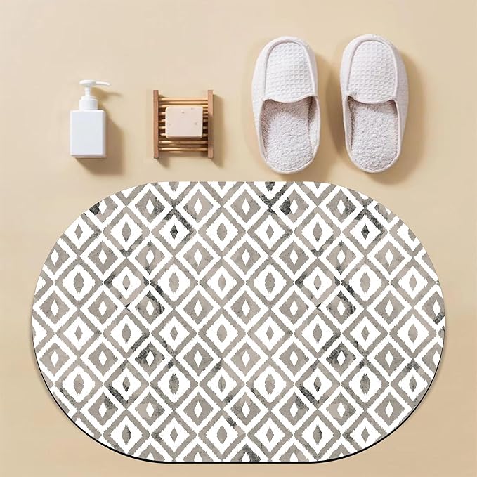 Diatomaceous Mud Bath Mat Grey Modern Geometric Oval Soft Wrinkle Free Bathroom Floor Rugs Non-Slip Super Absorbent Fast Drying Bath Rug for Bathroom Kitchen Door Mat 23.6x15.7 Inches