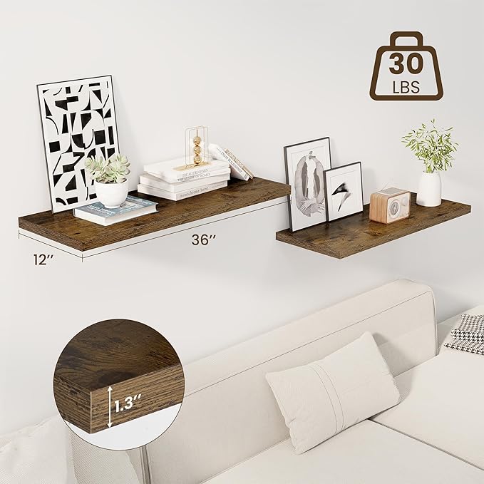 Dreamland 36" Floating Shelves for Wall, 12" Deep Slim Rustic Brown Floating Shelves, Wall-Mounted Shelves for Bedroom, Living Room, Kitchen, Bathroom - Set of 2
