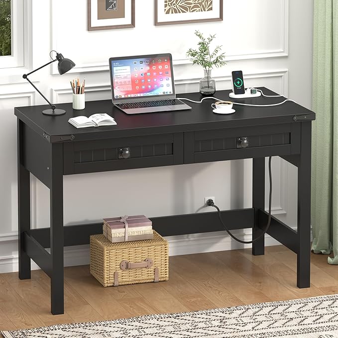 YOMILUVE Farmhouse Computer Desk with 2 Drawers, 39 Inch Small Black Computer Desk with Power Outlets, Home Office Desk Compact Writing Study Table for Small Spaces