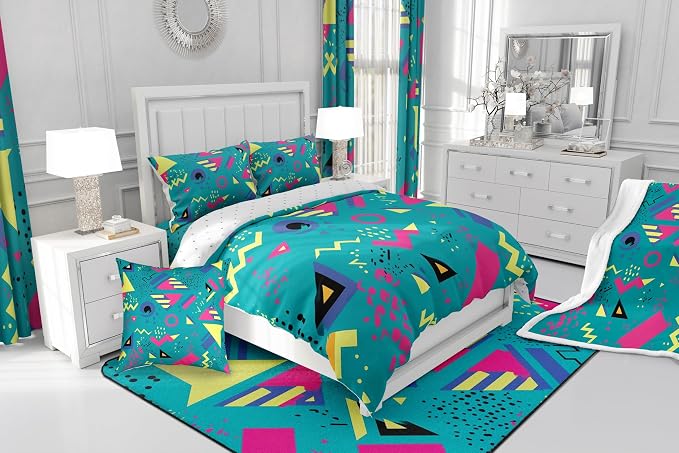 80s 90S Fashion Style Bedding Set Queen Size,Retro Memphis Style Pattern with Geometrical Shapes Duvet Cover for Kids Child,Funky Hipster Old Fashioned Comforter Cover Geometric Bedroom Decor