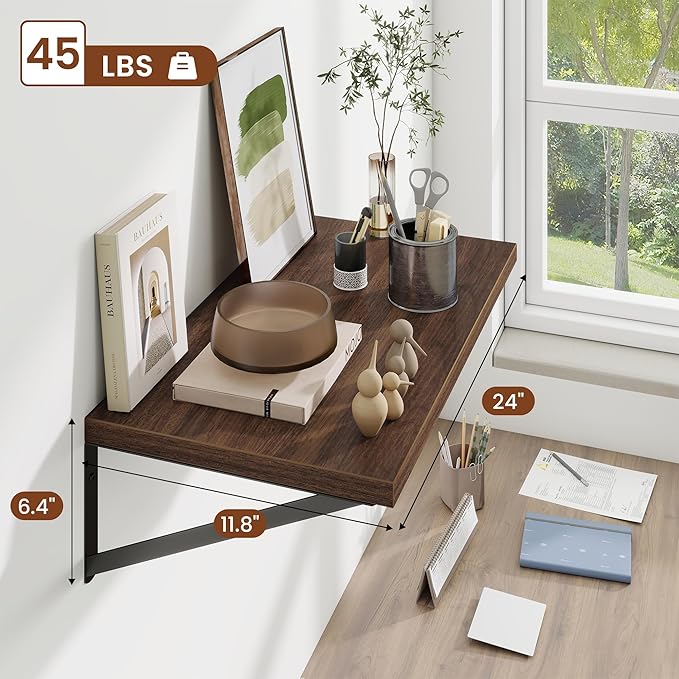 Deep Wall Shelves 24"W x 12"D Engineered Wood Floating Shelves for Wall, Sturdy Metal Bracket Bookshelves Home Decor Storage for Living Room Bedroom Bathroom Kitchen, Set of 2, Walnut Finish