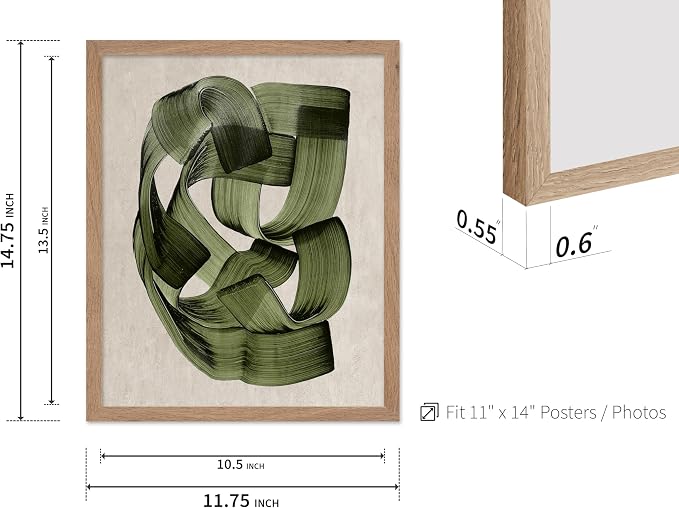 Poster Master Green Abstraction Poster - Brush Strokes Print - Painted Swirl Art - Chic Boho Design - Abstract Illustration - Great Office or Living Room Decor - 11x14 Beige Framed