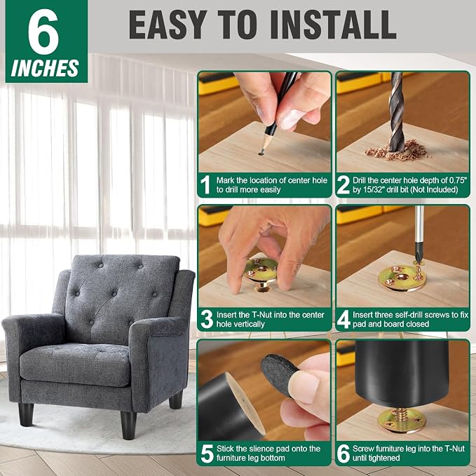 FoDau770 Black Rubber Wood Furniture Legs 6 Inches, Straight Tapered Wood Feet Mid Century Sofa Legs Set of 4, 5/16" UNC Furniture Feet for Cabinet Couch Dresser Chair Ottoman Table