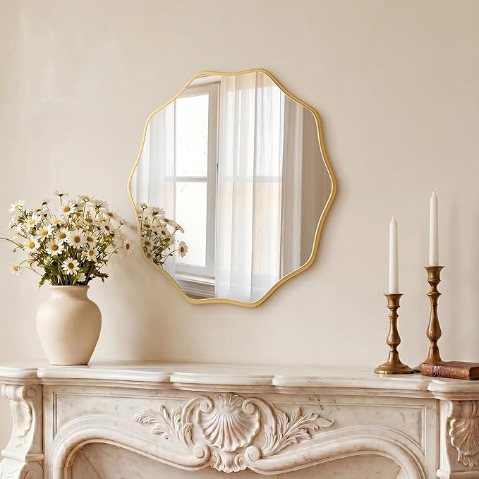 PERFNIQUE Gold Scalloped Mirror, 20'' Round Wall Mirrors Wavy Wood Framed for Bathroom Nursery Bedroom Living Room Entryway, Decorative Modern Wall Decor