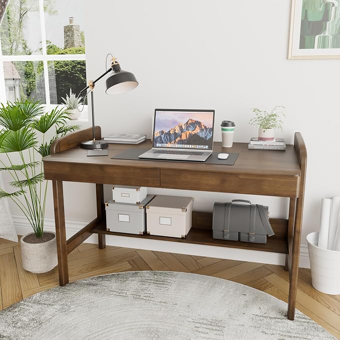 100% Solid Wood Desk with Drawers - 40 Inch Mid Century Modern Desk, Rubber Wood Vintage Desks, Manual Standing & Adjustable Height Writing Desks for Bedroom|Small Spaces - Walnut Color
