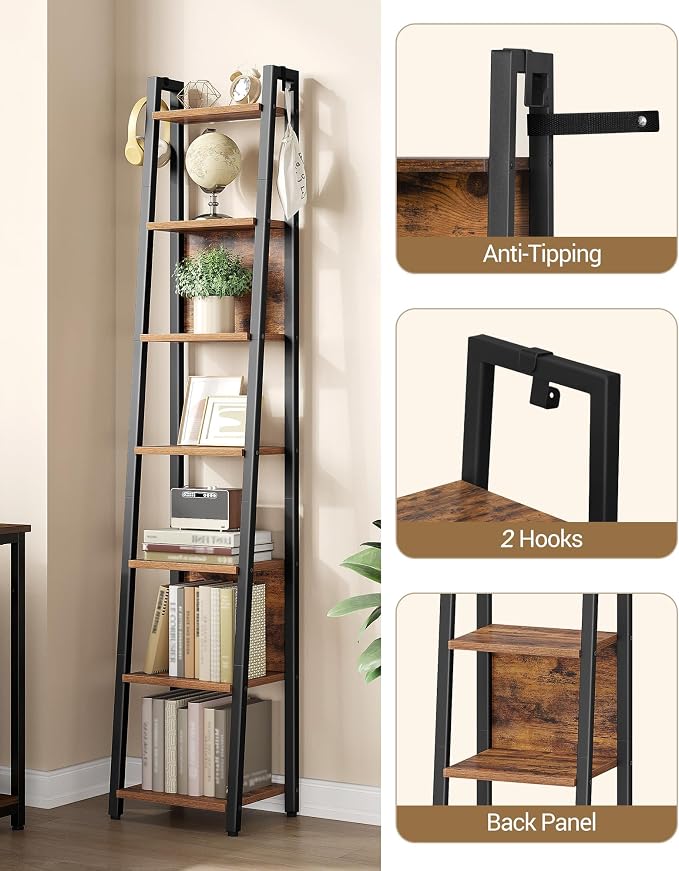 Hzuaneri Ladder Shelf, 7-Tier Narrow Bookshelf with 2 Back Panels, Industrial Ladder Shelf with 2 Hooks, for Home Office, Living Room and Bedroom, 12.2" D x 12.2" W x74.2''H, Rustic Brown BC31701B