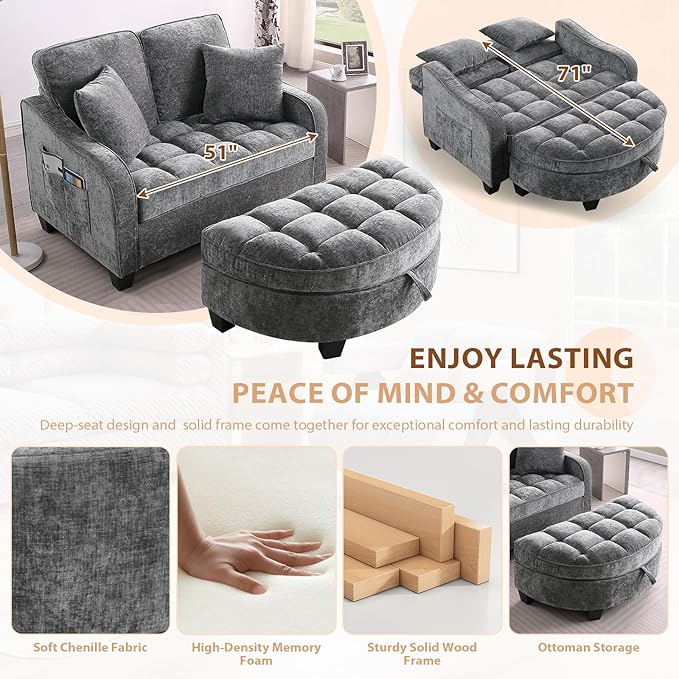 Oversized Curved Chaise Lounge Chair Indoor with Ottoman, 54.8" Cloud Boneless Reading Chair Soft Chenille Circle Couch w/Adjustable Backrest for Living Room, Apartroom, Bedroom, Grey