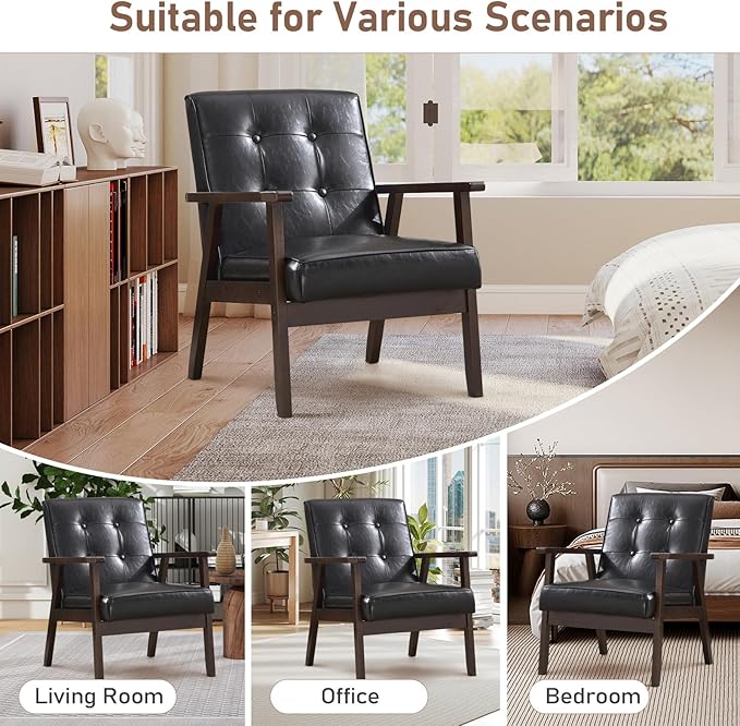 Bonzy Home Accent Chair - Faux Leather Mid Century Modern Chair for Living Room | Sturdy Solid Wood Frame Armchair, Comfy Retro Chair for Bedroom & Small Spaces, Accent Chairs, Black
