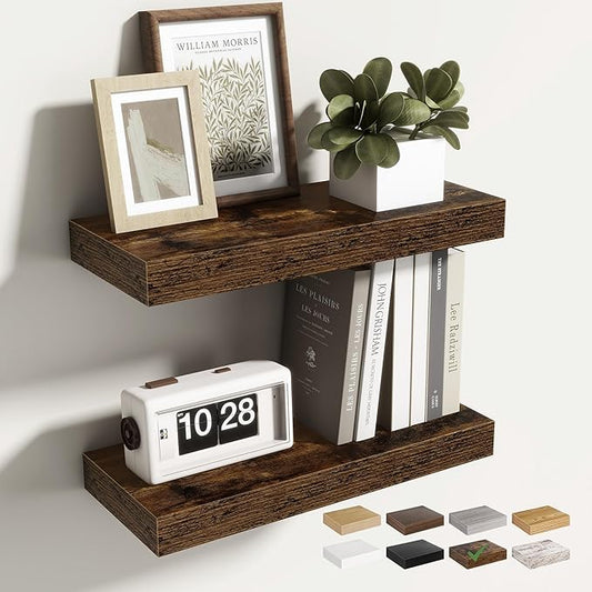 16 Inch Floating Shelves for Wall 2 Pack, 16" Wall Shelves for Books, Storage, Decor, Wall Mounted Floating Shelf with Invisible Brackets for Kitchen, Living Room, Brown