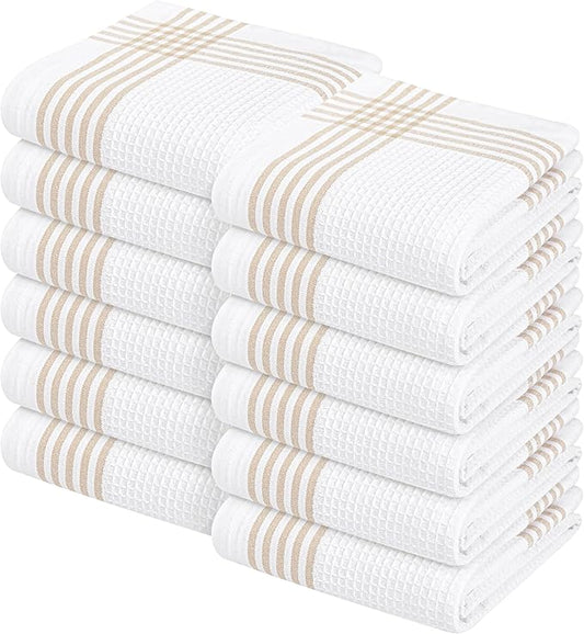 Waffle White & Beige Kitchen Dish Towels 12 Pack, 100% Cotton, 16x26 inches, Durable Dish Cloths Set, Quick Dry Kitchen Rags, Everyday Use Cooking and Cleaning Hand Towels, Bar Towel