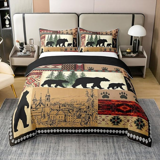 100% Cotton Rustic Bear Duvet Cover Full, Southwestern Native American Bedding Set, Wild Animal Bear Claw Comforter Cover, Brown Black Bears Silhouette Woodland Farmhouse Camper Quilt Cover