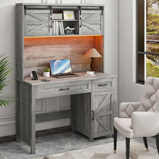 Vabches Farmhouse 47" Executive Desk, Computer Desk with 2 Drawers, LED Light and Storage Cabinet, Home Office Desk with Hutch, Charging Hub, Workstation for Home Office and Study(Grey