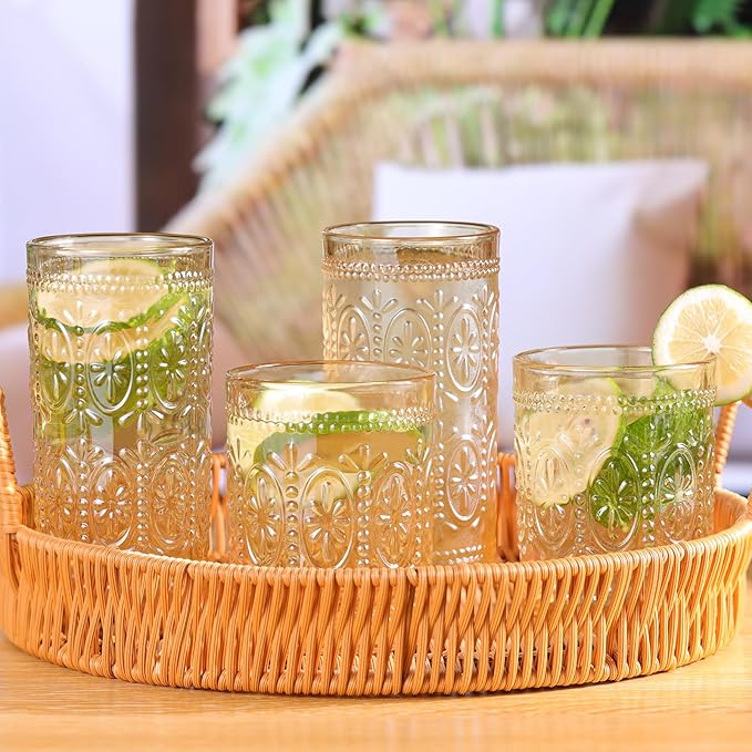 Darlion 6 Pack Highball Beverage Glass Cup, 12oz Amber Glassware Drinking, Vintage Embossed Drinking Glasses, Old Fashioned Glass for Party Wedding Home Office and Gift