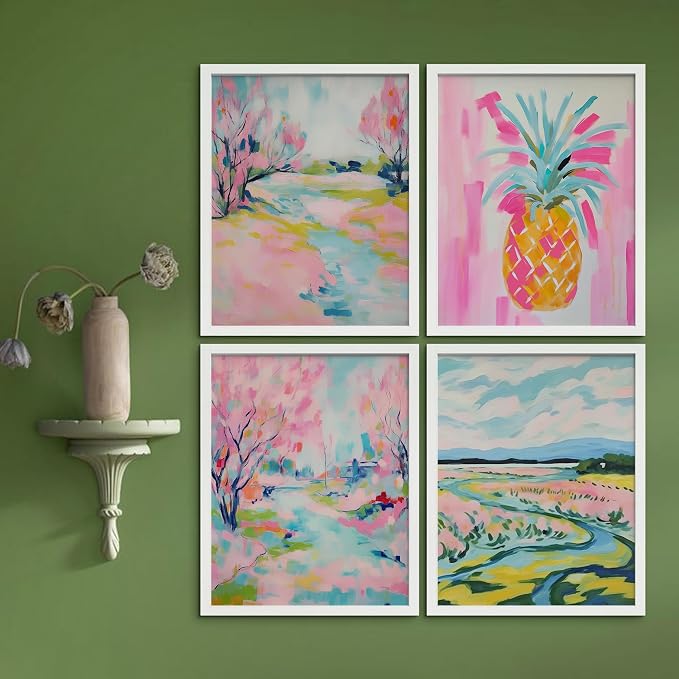 SIGNWIN Framed Vibrant Landscape and Pineapple Colorful Preppy Room Decor Pink Decor Digital Art Modern Art Decorative Multicolor Scenic for Bedroom - 8"x10"x 4 White
