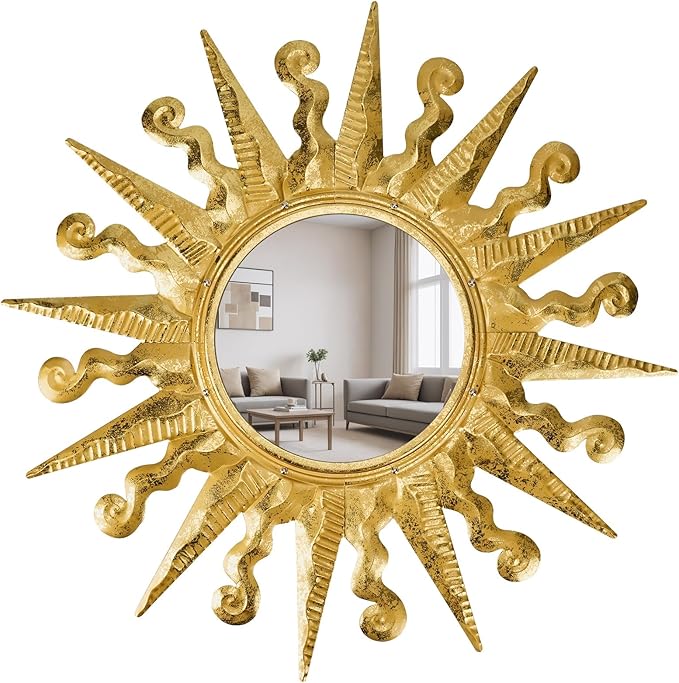 Golden Sun Wall Mirror Decorative 24 inch Metal Frame Mirror Sunburst Boho Mirror for Entryway Bedroom Living Room Bathroom House Warming Gifts New Home Essential
