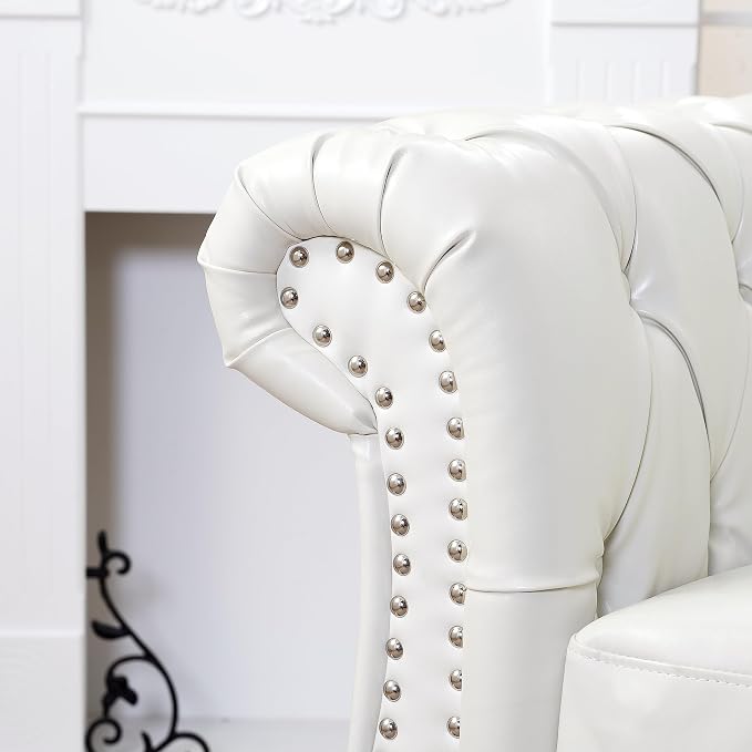 LEVNARY Leather Upholstered Armchair, Mid-Century Modern Single Sofa Chair with Rolled Arms and Nailhead, Tufted Pu Leather Chesterfield Chair for Home Bedroom Reading Room (Cream White)