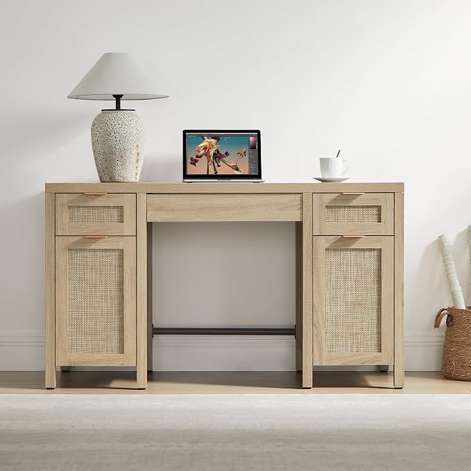 SICOTAS Rattan Executive Desk with Storage - 52" Large Home Office Desk with 3 Drawers and 2 Cabinets, Boho Computer Table for Study, Office, Living Room, Light Oak