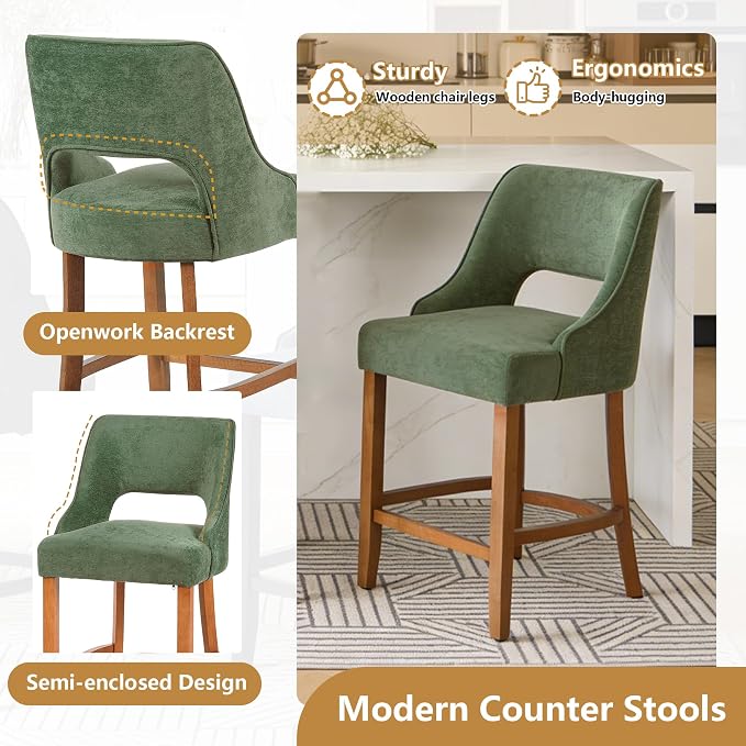 ClinQ Bar Stools Set of 4, 26" H Counter Height Bar Stools with Backs, Modern Upholstered Accent Barstools with Curved Footrest for Kitchen Island, Dining Room and Bar, Green-Walnut Legs