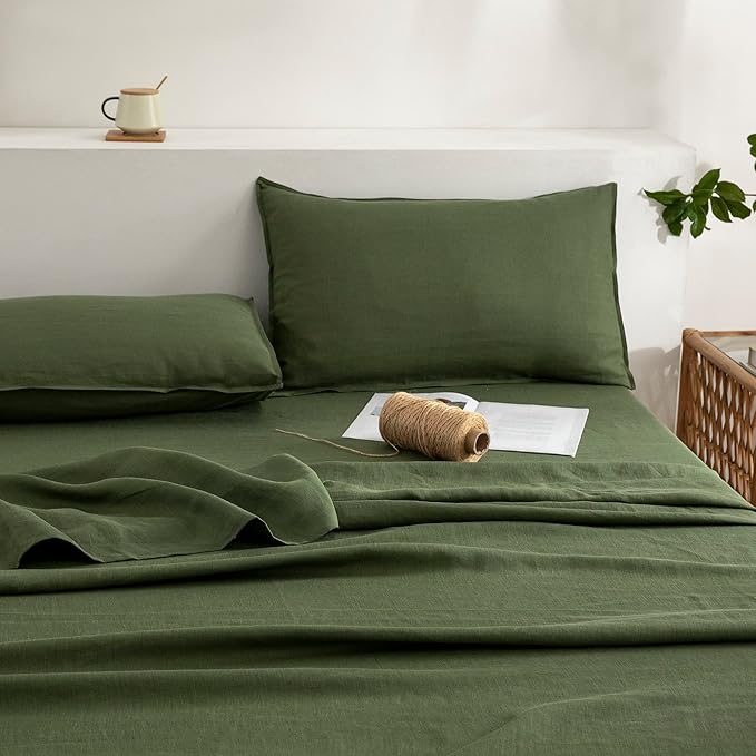 EVERLY Linen California King Size Sheets Set, 100% Stonewashed French Linen Bed Sheets Deep Pocket Sheets, 4 Pieces (1 Flat Sheet, 1 Fitted Sheet, 2 Pillowcases) Natural Flax Bedding Set-Mossy Green