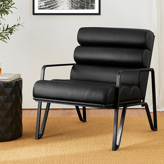 Glitzhome Accent Chairs for Living Room, Modern Armchairs with Metal V-Legs and PU Leather Cushion, Single Sofa Chairs for Living Room/Office/Study, Black