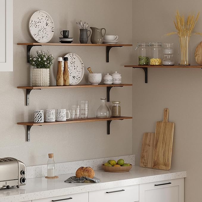DINZI LVJ Long Wall Shelves, 47.3Inch Wall Mounted Shelves Set of 4, Extra Large Floating Storage Ledges with Sturdy Metal Brackets for Living Room, Bathroom, Bedroom, Kitchen, Rustic Brown