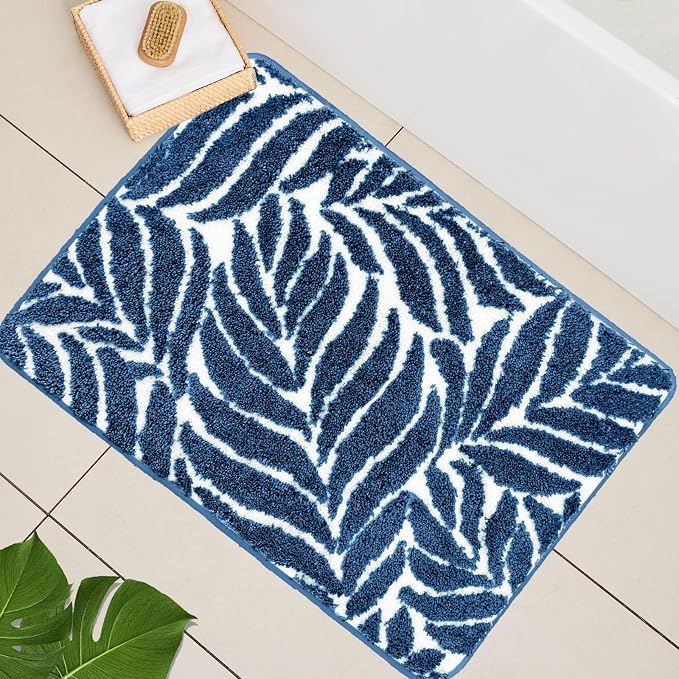 Blue Bathroom Rug - Blue Bath Mat Large Tropical Leaf Bath Rugs Non Slip Washable Bathrug for Bathroom Floor, Cute Plant Bathmat Absorbent Bath Mats Botanical Home Decor 24" x 36"