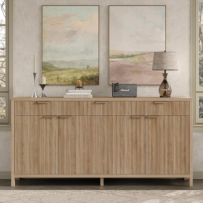 66" W Fluted Buffet Cabinet, Sideboard Storage Cabinet with 3 Drawers & 2 Cabinets, Mid-Century Coffee Bar Table for Living Room, Dinning Room, Natural