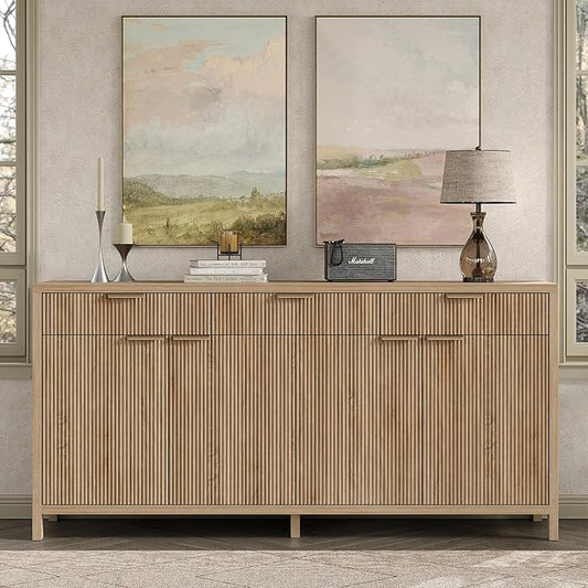 66" W Fluted Buffet Cabinet, Sideboard Storage Cabinet with 3 Drawers & 2 Cabinets, Mid-Century Coffee Bar Table for Living Room, Dinning Room, Natural
