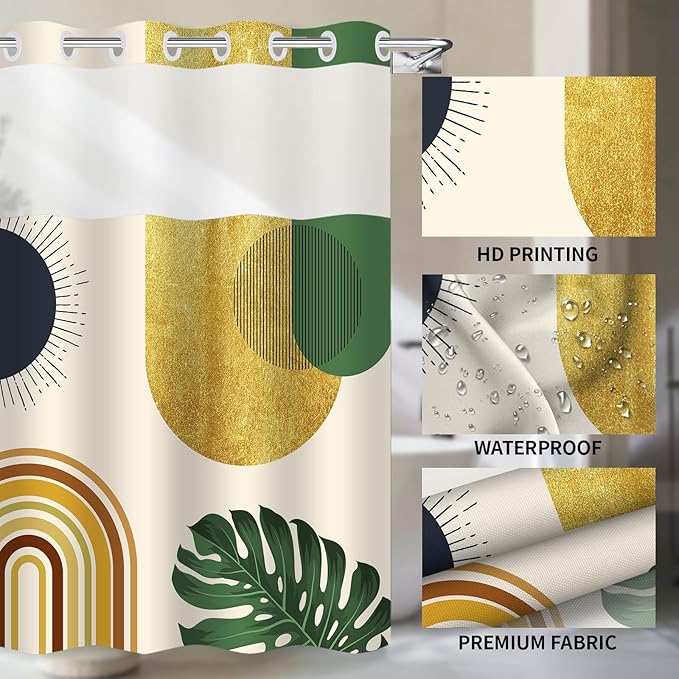 Bohemian Style No Hook Shower Curtain,Black and Green Plants Sun Geometric,Modern High end Hotel,Mid Century with High Visibility Window,White Lining is Detachable,71x74 inches